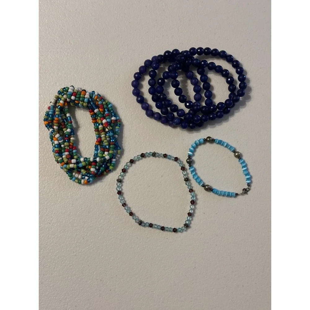 Set of 7 Beaded Stretch Bracelets Blue Multi Color Glass Bead‎ Boho Stacking